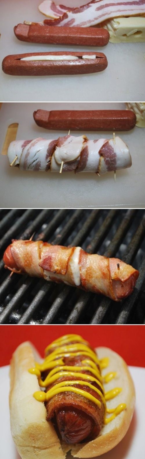 Une incision dans la soucisse, on y insère du bacon et on roule ensuite le tout dans une tranche de bacon... magifique!